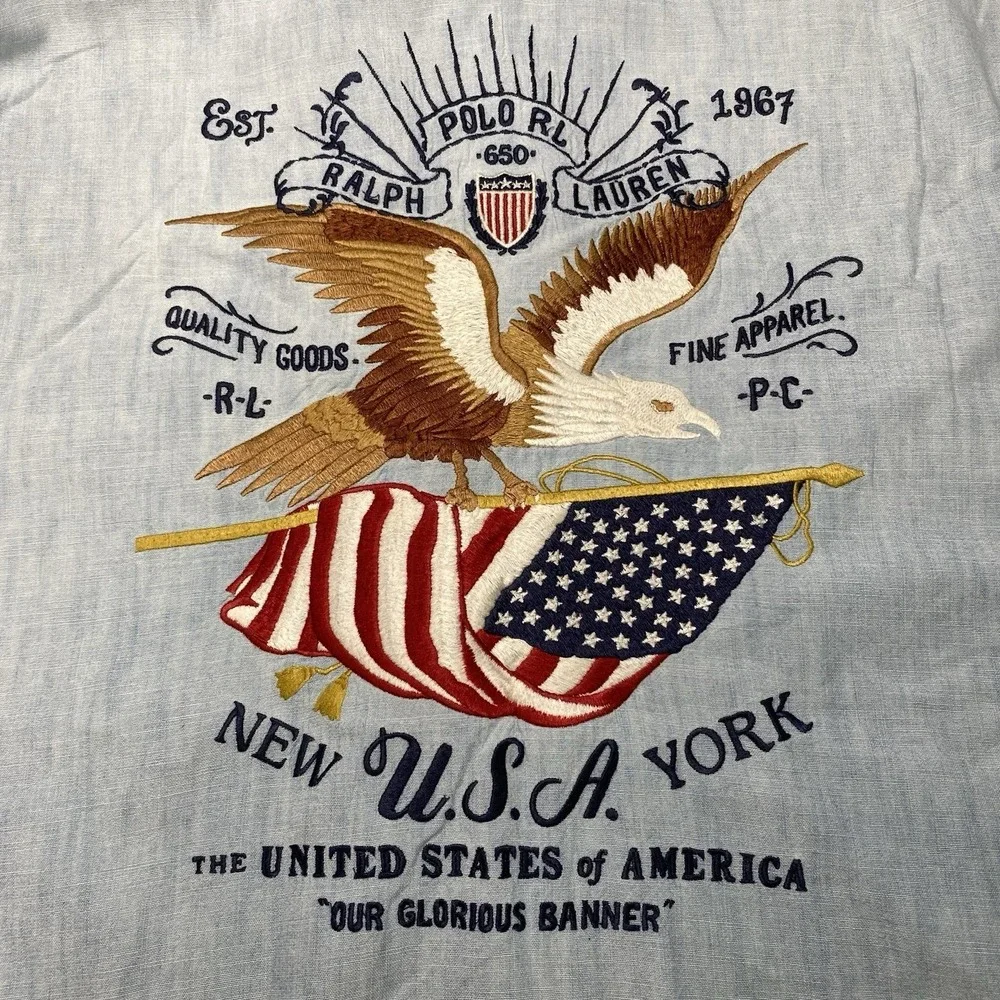 Polo Ralph Lauren Shirt 4XB Chambray Embroidered Eagle Flag USA Work Shirt